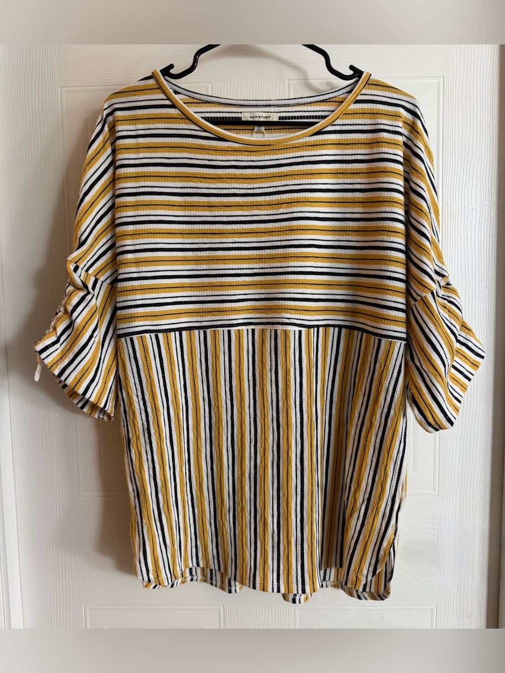 Max Studio Yellow Black Mixed Stripe Waffle Knit Ruched Top Sz L NWT